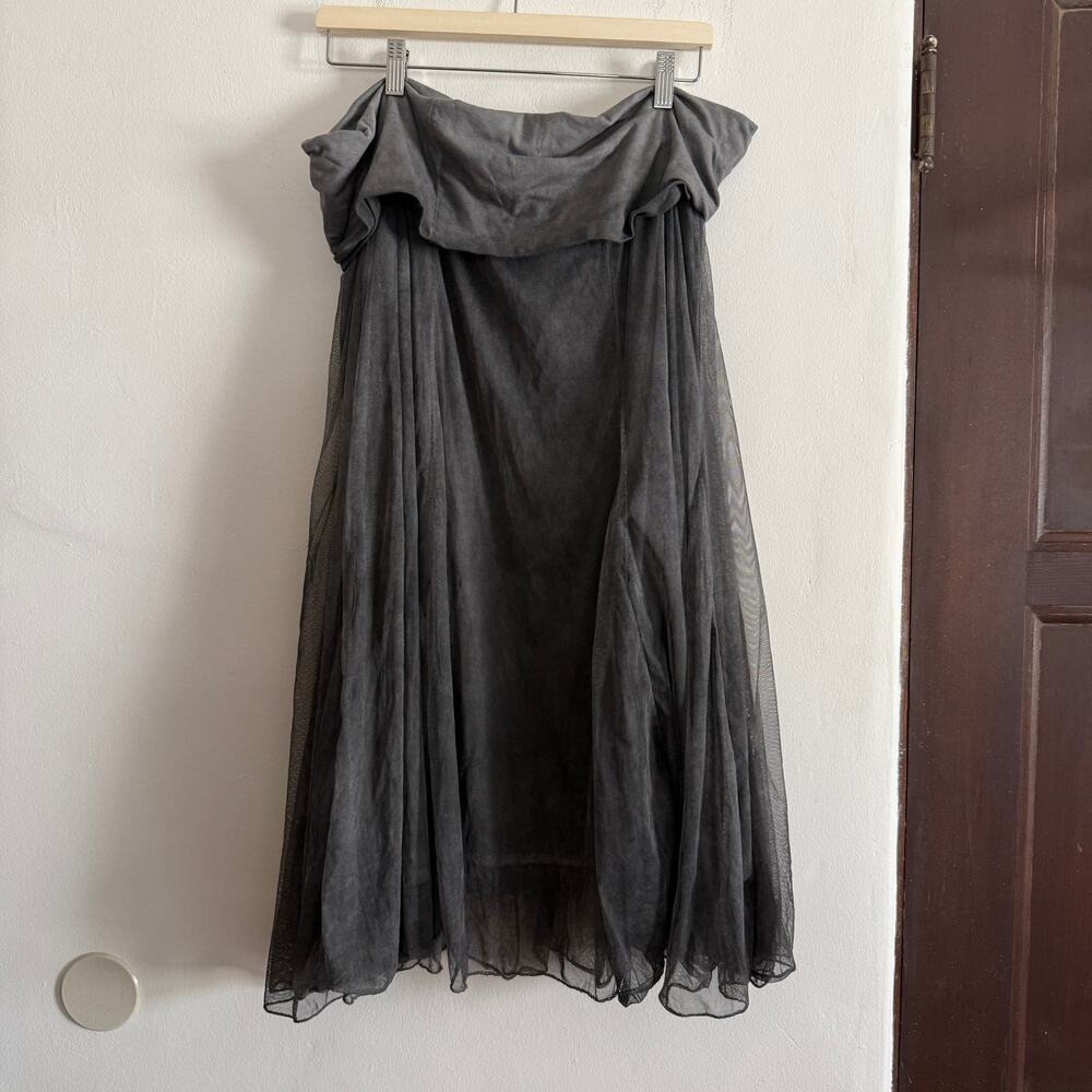 PAPRIKA | Gray Mineral Wash Mesh Foldover Waist Midi Skirt 5XL Lagenlook Lagom